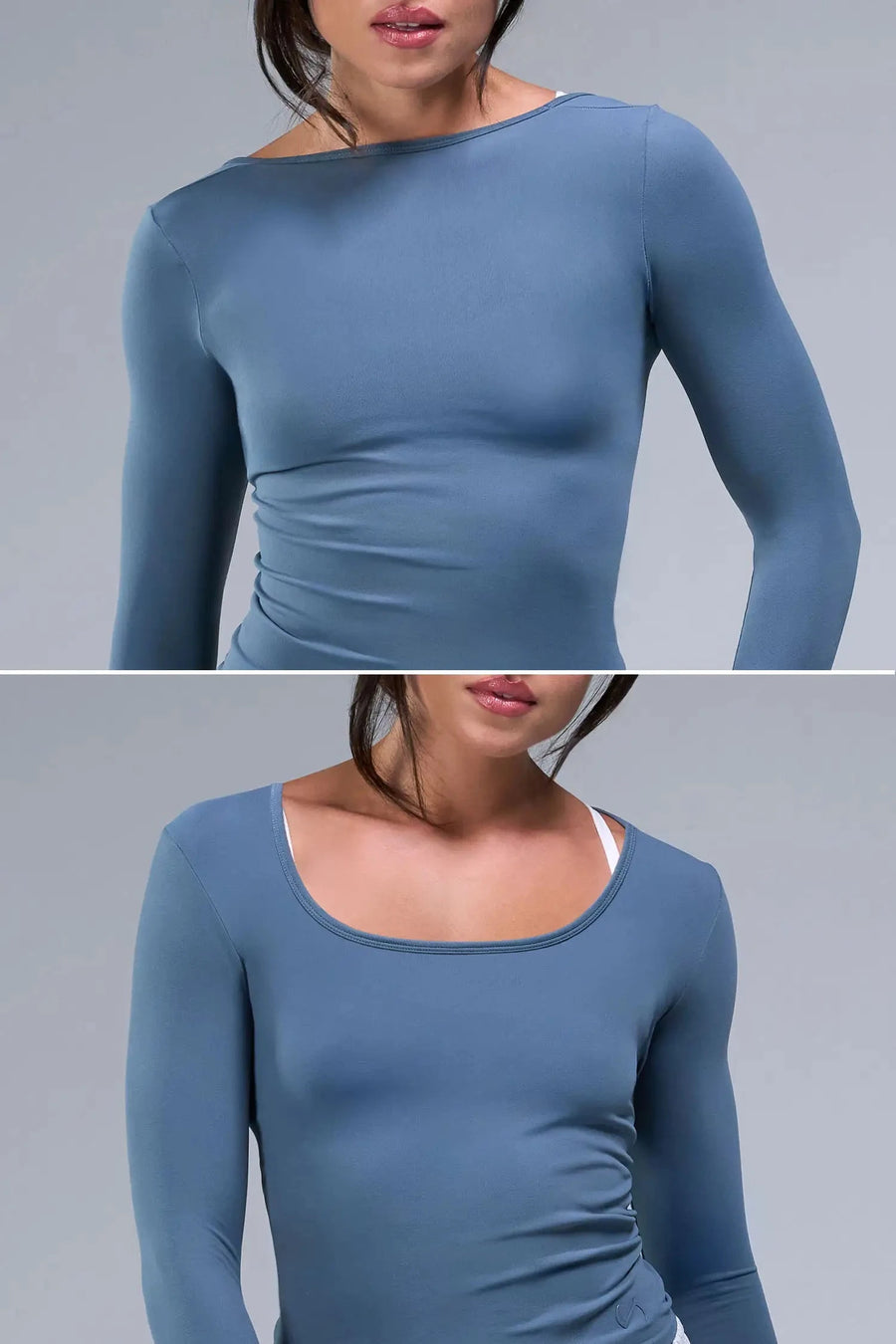 Front View of Blue TLF Essential Seamless Reversible Scoop Neck, featuring thumbholes and multi wear for boat neck or scoop neck styling 