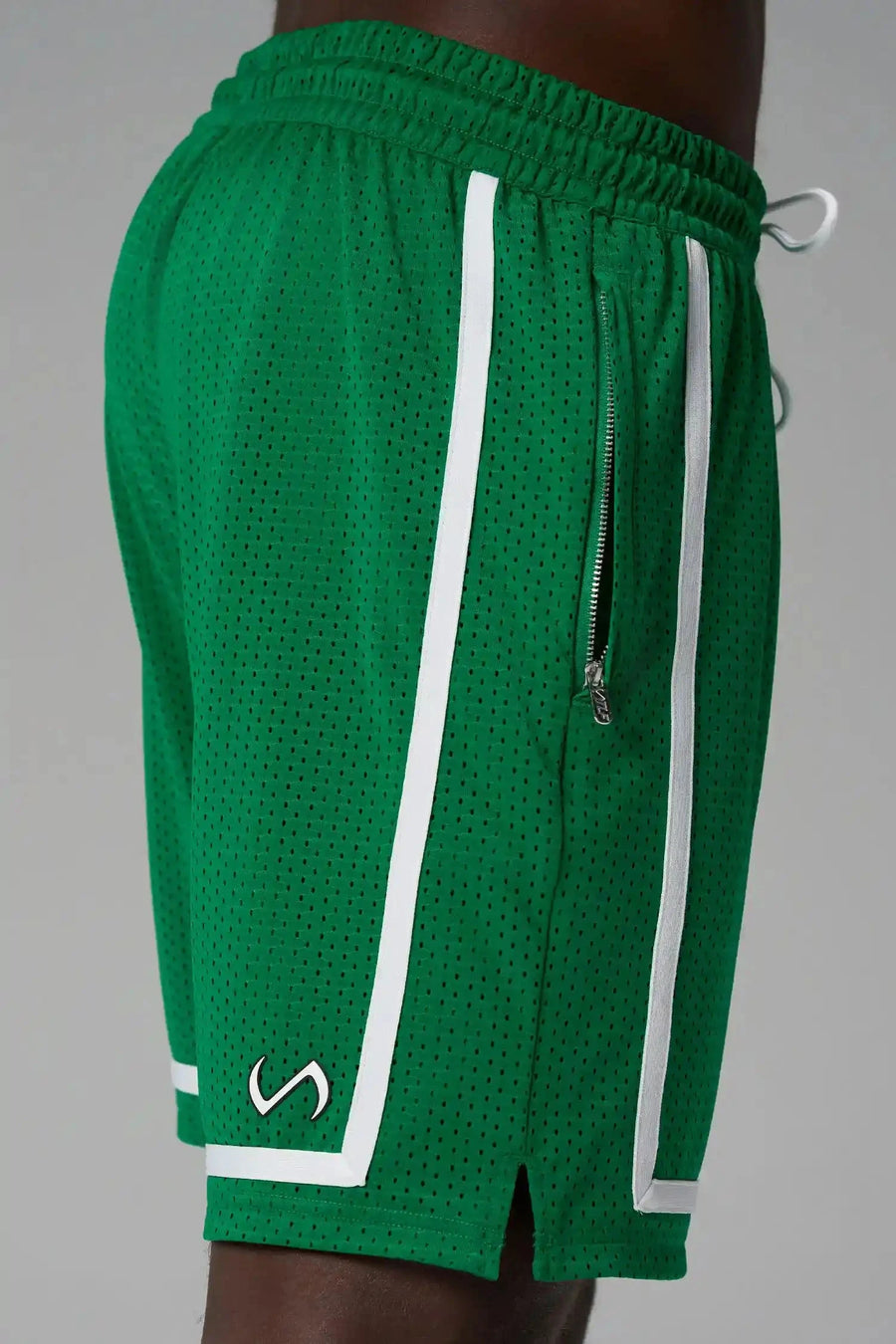 Side View of Green GTS Athletic 8 Inch Shorts, featuring an 8-inch inseam and zipper pockets