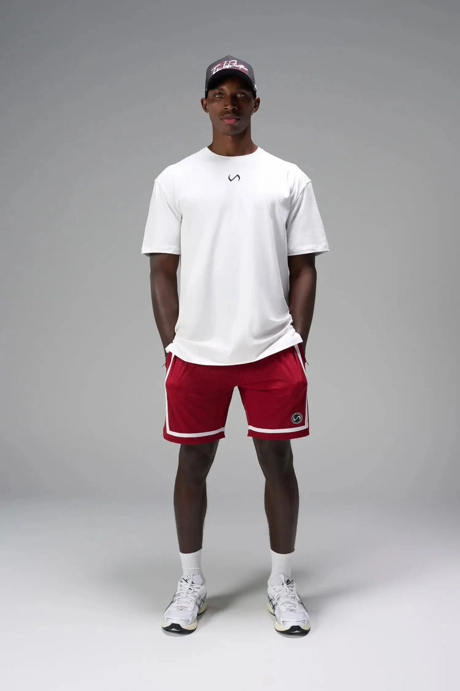 Front View of Red GTS Athletic 8 Inch Shorts, featuring an 8-inch inseam and zipper pockets