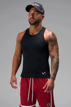 Front View of Black Icon Ribbed Straight Hem Tank featuring our physique enhancing design, straight hem and relaxed fit