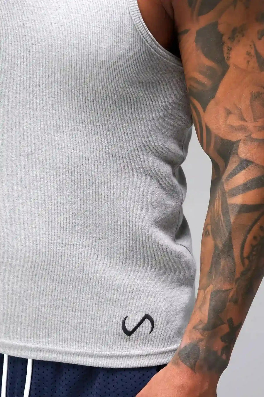 Front View of Gray Icon Ribbed Straight Hem Tank featuring our physique enhancing design, straight hem and relaxed fit