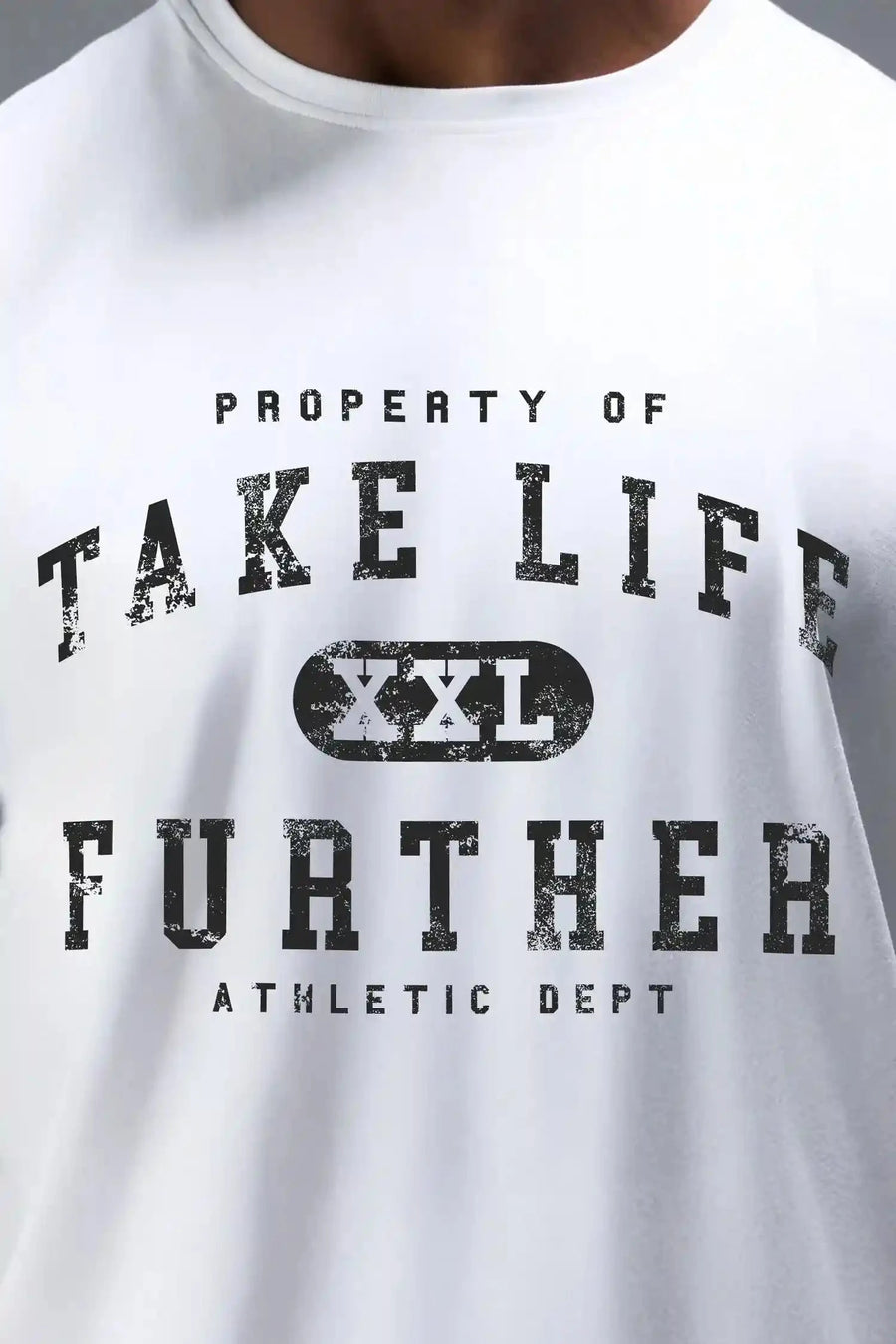 Back View of White TLF Property of Cotton Luxe Oversized Tee featuring a distressed graphic print design across the chest in our oversized t shirt fit