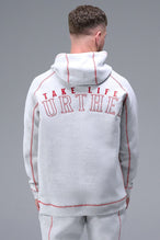 Back View of Gray TLF Scuba Tech Contrast Stitch Hoodie, featuring 3 panel hood, Kangaroo pockets and contrast stitching for streetwear aesthetic 