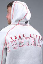 Detail Back View of Gray TLF Scuba Tech Contrast Stitch Hoodie, featuring 3 panel hood, Kangaroo pockets and contrast stitching for streetwear aesthetic 
