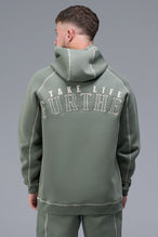 Back View of Green TLF Scuba Tech Contrast Stitch Hoodie, featuring 3 panel hood, Kangaroo pockets and contrast stitching for streetwear aesthetic 