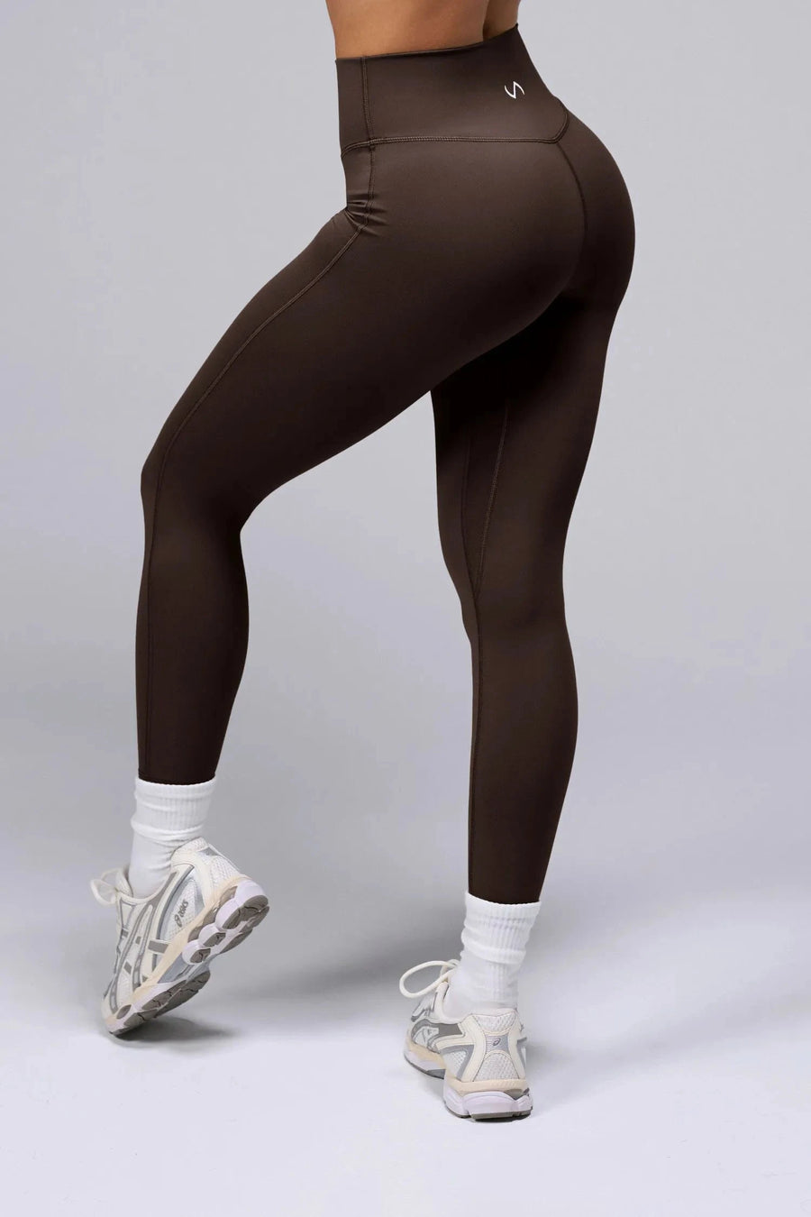 Back View Of Tempo High Waisted Workout Leggings in Dark Oak