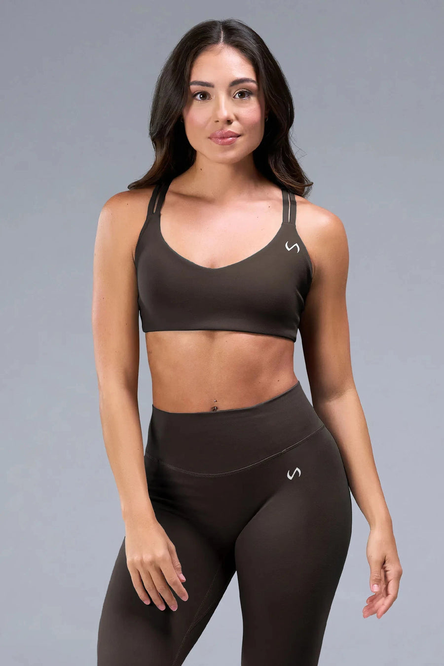 Front View of Brown TLF Tempo Strappy Back Sports Bra, featuring a minimal design for the gym and lifestyle wear 