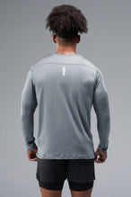Back View of Gray TLF Train Infi-Dry Long Sleeve, featuring our Infi-Dry fabric technology and reflective sleeve design for night running 