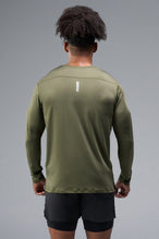 Back View of Green TLF Train Infi-Dry Long Sleeve, featuring our Infi-Dry fabric technology and reflective sleeve design for night running 