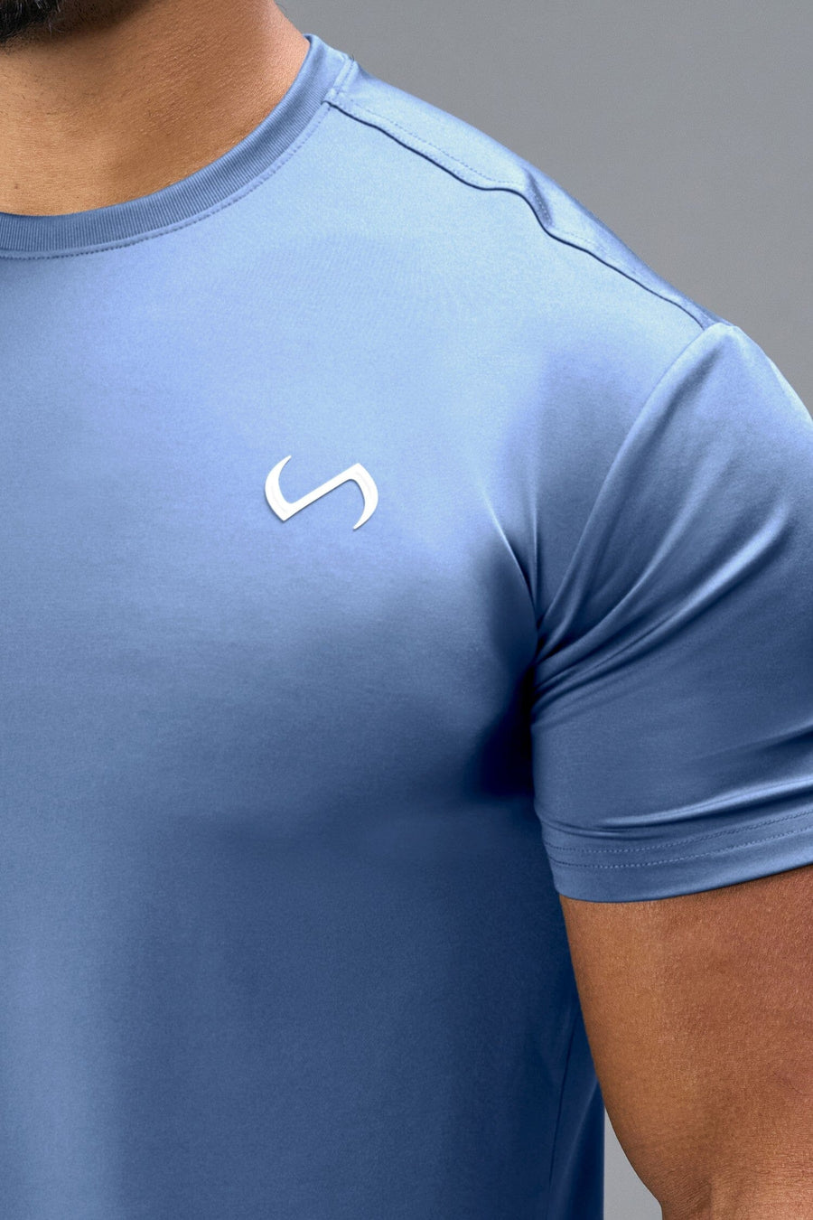 Front View of Blue TLF Infi-Dry Swole Tee, crafted with our custom swole fit and utilizing our infi-dry fabric technology 