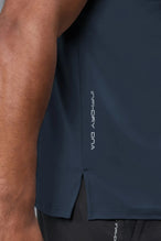 Side View of Blue TLF Infi-Dry Swole Tee, crafted with our custom swole fit and utilizing our infi-dry fabric technology