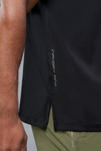 Side View of Black TLF Infi-Dry Swole Tee, crafted with our custom swole fit and utilizing our infi-dry fabric technology